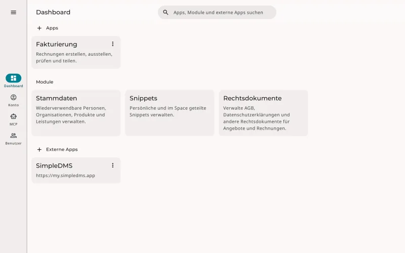 Dashboard eines Erdikon-Space mit Fakturierung, Stammdaten, Snippets und Rechtsdokumenten