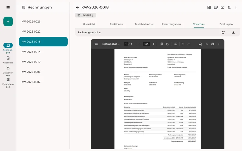 Überfällige Rechnung in Erdikon mit PDF-Vorschau und Aktionen für Zahlung und Zahlungserinnerung