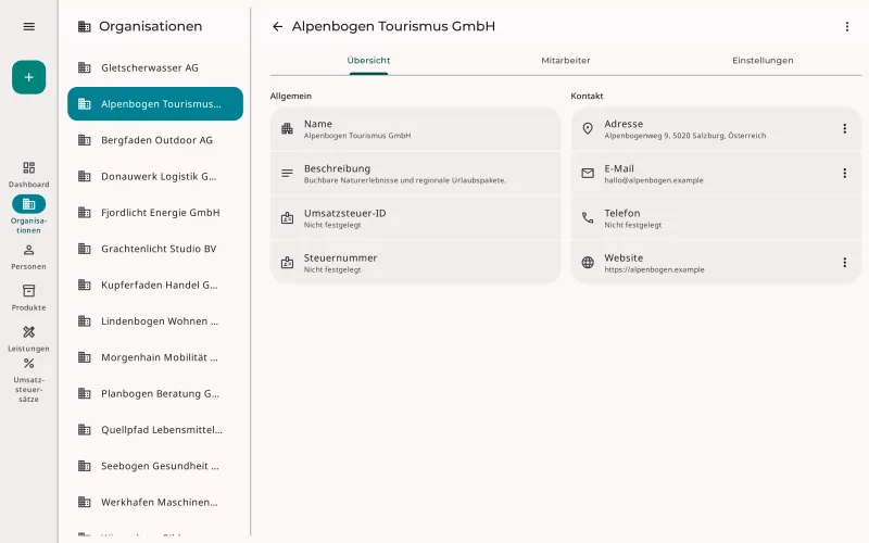 Organisation in den Erdikon-Stammdaten mit allgemeinen Angaben und Kontaktdaten