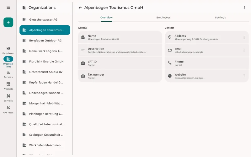 Organization in the Erdikon master data with general details and contact information