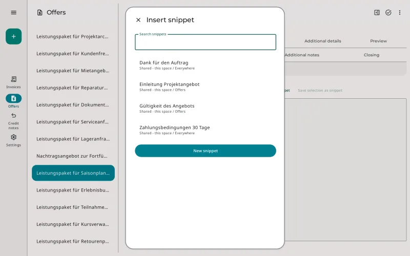 «Insert snippet» dialog in an offer with shared snippets