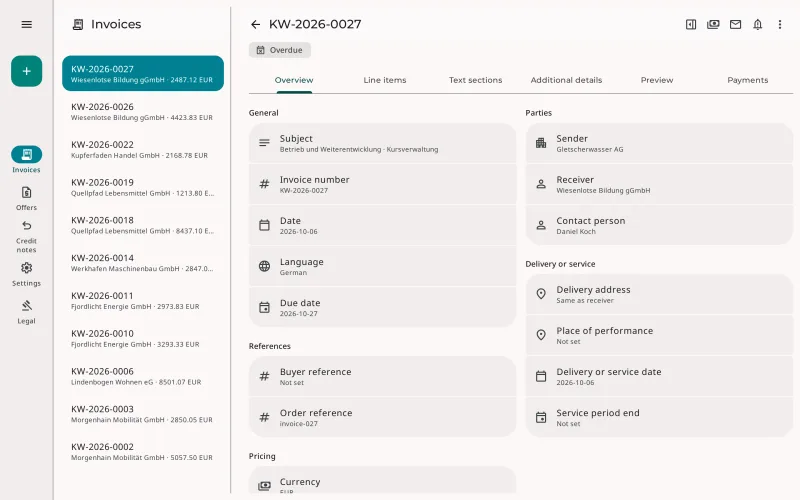 Overdue invoice in Erdikon on a laptop with the invoice list and details side by side
